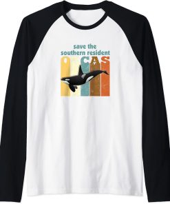 Save the Southern Resident Orcas Orca Vintage Retro Raglan Baseball Tee