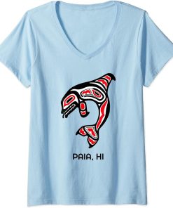 Womens Paia HI Native Aboriginal Orca Killer Whales V-Neck T-Shirt