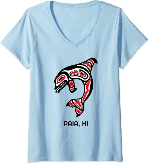 Womens Paia HI Native Aboriginal Orca Killer Whales V-Neck T-Shirt