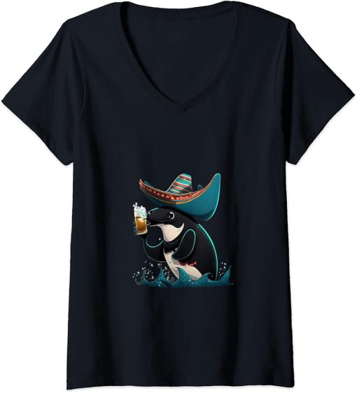 Womens Cute Orca Animal Lovers Orca Drinking Beer V-Neck T-Shirt